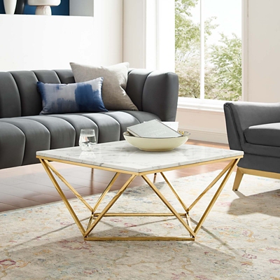 Modway Vertex Geometric Stainless Steel Coffee Table, Gold/White