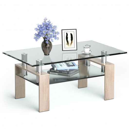 Rectangle Glass Coffee Table with Metal Legs for Living Room-Natural