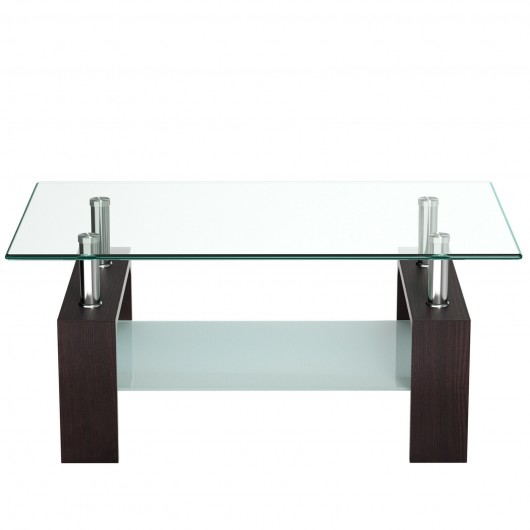 Rectangular Tempered Glass Coffee Table with Shelf-Brown